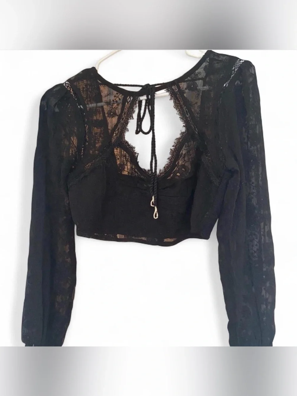 Free People Black Lace Tie-Back Long Sleeve Crop Top